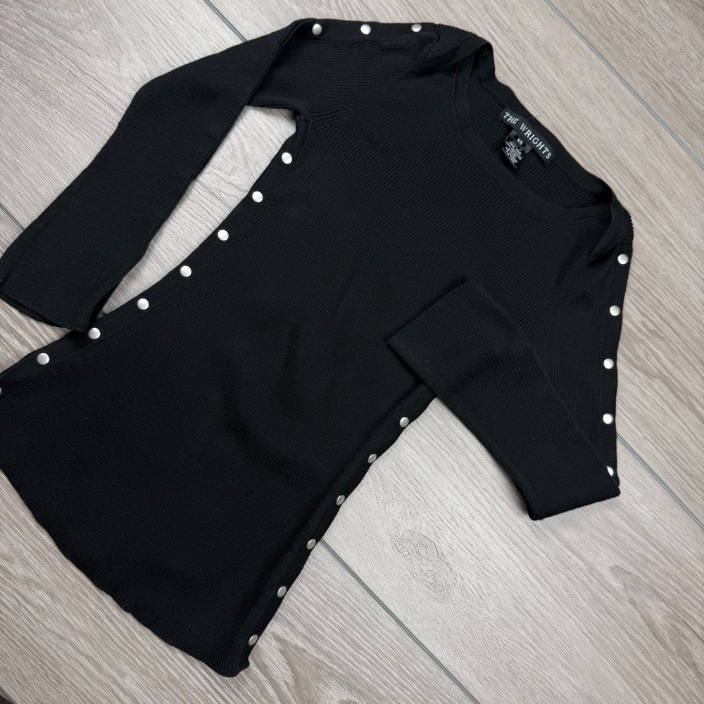 The Wrights Womens Ribbed Knit Snap Side Long Sleeve Top Black XS